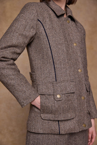Elegante Damen Tweed Jacke Herringbone hellbraun