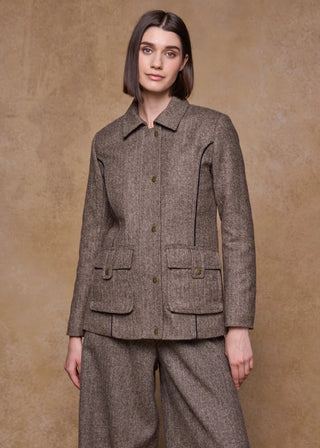 Elegante Damen Tweed Jacke Herringbone hellbraun