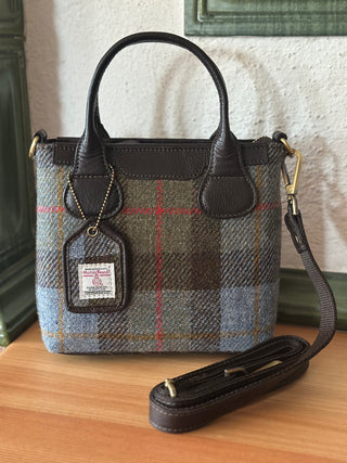 Harris Tweed® Echtleder  mini Tote Highland Check mit dunkelbraunem Leder
