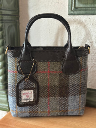 Harris Tweed® Echtleder  mini Tote Highland Check mit dunkelbraunem Leder