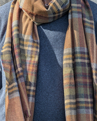 Der fein karierter Schal aus Wolle und Kaschmir in den Farben beige, braun, blau und grün ist an einem männlichen Model als Schlaufe am Hals drapiert.